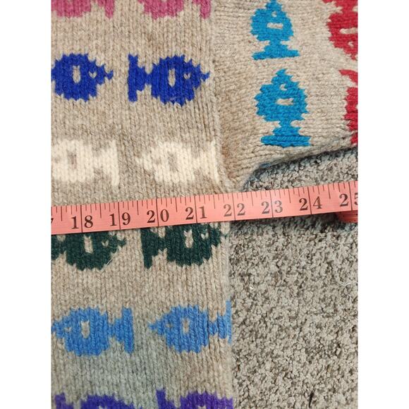 Vintage Ewenique Wool Tan Fish Print Crew Neck Thick Chunky Pullover Sweater - Picture 8 of 10